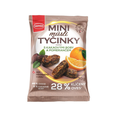 Mini Müsli tyčinky s kakaovými boby a pomerančem bez lepku 70g SEMIX